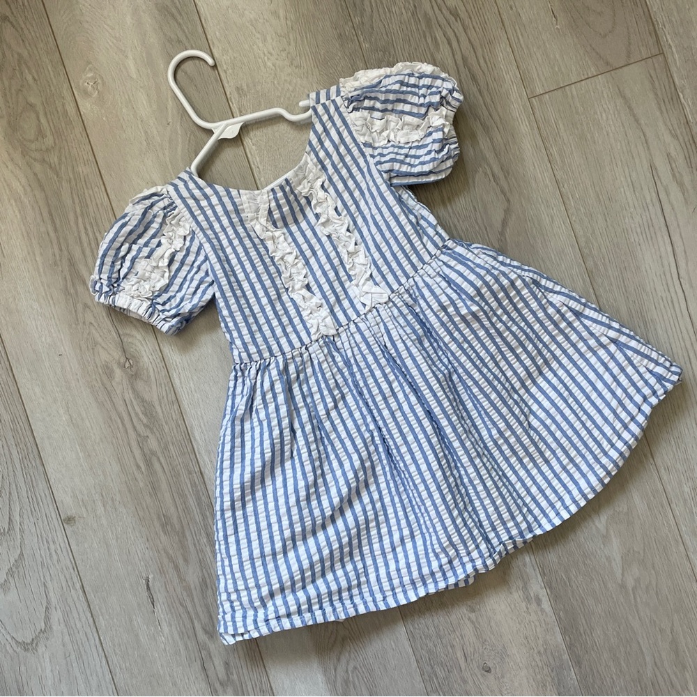 Janie and Jack Striped Dress seersucker puff sleeve girls Blue White (size 2t)